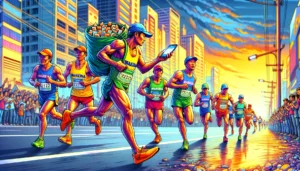 Manila News Photo - A vibrant and detailed illustrative closeup image showcasing Marikina's unique mobile network feature where texts are delivered by marathon runners. T2