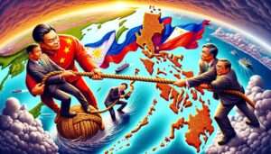 Manila News Photo -- A vibrant  and detailed illustrative image depicting a metaphorical tug-of-war between China and the Philippines over the West Philippine Sea. Chinese 3