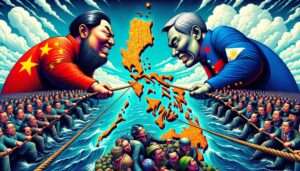 Manila News Photo -- A vibrant  and detailed illustrative image depicting a metaphorical tug-of-war between China and the Philippines over the West Philippine Sea. Chinese 4
