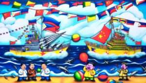 Manila News Photo -- A vibrant  and detailed illustrative image showing a satirical depiction of the conflict in the West Philippine Sea, with caricatured representations o5