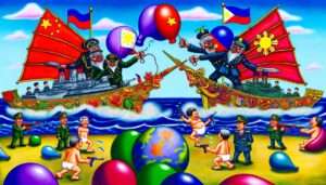 Manila News Photo -- A vibrant  and detailed illustrative image showing a satirical depiction of the conflict in the West Philippine Sea, with caricatured representations o6