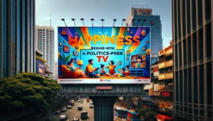 Manila News Photo -- A vibrant and eye-catching billboard in Manila with the message 'Happiness begins with a politics-free TV'. The billboard is prominently displayed in 180 Manila News Photo -- A vibrant and eye-catching billboard in Manila with the message 'Happiness begins with a politics-free TV'. The billboard is prominently displayed in 180