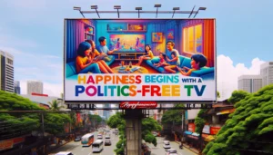 Manila News Photo -- A vibrant and eye-catching billboard in Manila with the message 'Happiness begins with a politics-free TV'. The billboard is prominently displayed in 181 Manila News Photo -- A vibrant and eye-catching billboard in Manila with the message 'Happiness begins with a politics-free TV'. The billboard is prominently displayed in 181