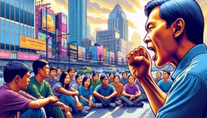 Manila News Photo -- A vibrant , detailed illustrative style image of a public speaking course in Manila, focusing on a closeup of a person practicing yelling louder than s1 Manila News Photo -- A vibrant , detailed illustrative style image of a public speaking course in Manila, focusing on a closeup of a person practicing yelling louder than s1