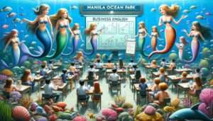 Manila News Photo - A whimsical and detailed closeup illustration of Manila Ocean Park's new exhibit, where mermaids are teaching business English. The image should depic1 Manila News Photo - A whimsical and detailed closeup illustration of Manila Ocean Park's new exhibit, where mermaids are teaching business English. The image should depic1