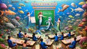 Manila News Photo - A whimsical and detailed closeup illustration of Manila Ocean Park's new exhibit, where mermaids are teaching business English. The image should depic3 Manila News Photo - A whimsical and detailed closeup illustration of Manila Ocean Park's new exhibit, where mermaids are teaching business English. The image should depic3