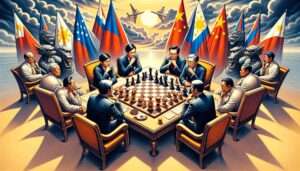 Manila News Photo -- An illustrative image showing the diplomatic complexities of the dispute between China and the Philippines, depicted as a surreal chess game. The scen7