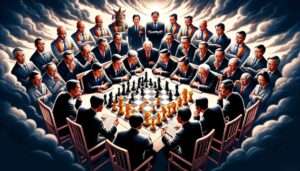 Manila News Photo -- An illustrative image showing the diplomatic complexities of the dispute between China and the Philippines, depicted as a surreal chess game. The scen8