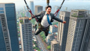 Manila News Photo - close-up, vibrant , and detailed illustrative style image focusing on an individual bungee jumping between buildings in Caloocan as a commutin4