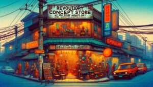 Manila News Photo - detailed illustrative style image depicting a marketing scene in front of a store in Manila. The store, named 'Revolutionary Concept Sto2