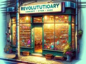 Manila News Photo - detailed illustrative style image showing a closeup view of the 'Revolutionary Concept Store' in Manila, as seen from the sidewalk. The 3
