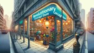 Manila News Photo - detailed illustrative style image showing a closeup view of the 'Revolutionary Concept Store' in Manila, as seen from the sidewalk. The 4