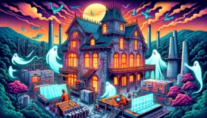 Manila News Photo - vibrant and detailed illustrative style image depicting San Juan's innovative plan to harness ghost energy, transforming haunted houses into 4