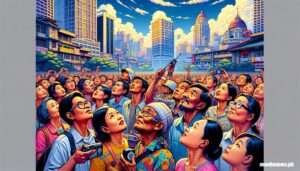 Manila Photo --Manila Photo -- A fun and insightful illustrative scene showing diverse Asian faces on the streets of Manila, each person attentively listening to their radios. The44 Manila Photo --Manila Photo -- A fun and insightful illustrative scene showing diverse Asian faces on the streets of Manila, each person attentively listening to their radios. The44