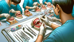 Manila Satire Photo - Create a detailed close-up illustration of the 'Do-It-Yourself Dentistry Workshop' at Makati Medical Center. The image should focus on participants ac3