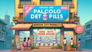 Manila Satire Photo - Create an illustration of a Quezon City pharmacy launching a new line of placebo diet pills, humorously highlighted as 'Now with More Sugar!' The imag2