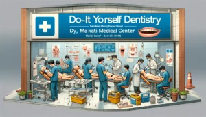 Manila Satire Photo - Create an illustration of the Makati Medical Center offering a 'Do-It-Yourself Dentistry Workshop.' The scene should depict a workshop environment wit1