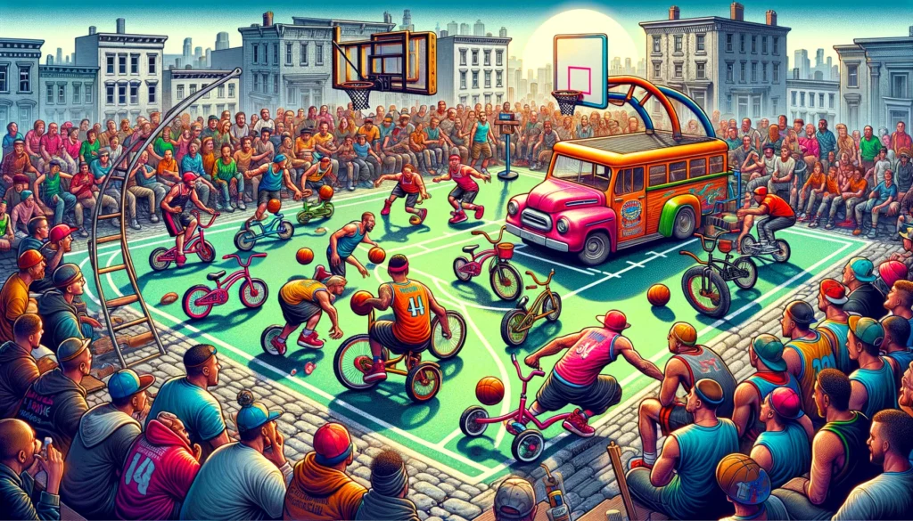 Manila Street Basketball -- A fun and insightful image depicting a humorous scene of a street basketball league game that now includes an obstacle round with3