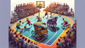 Manila Street Basketball -- A fun and insightful image depicting an Asian street basketball league game, with a new twist an obstacle round featuring random1