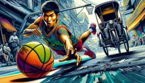Manila Street Basketball -- A fun and insightful image of an Asian basketball player in mid-action, diving for a loose ball in a street basketball game after3