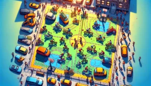 Manila Street Basketball -- An aerial view in a fun and insightful, depicting the humorous scene of a street basketball league game with an obstacle round fe5