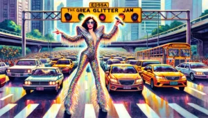 Manila Traffic - A vivid and detailed illustration depicting 'The Great Glitter Jam' on EDSA, where a celebrity known for their extravagant fashion sense directs traff