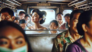 Metro Manila News -- Create a close-up illustrative scene featuring a local starlet in a non-aircon Jeepney in Metro Manila, emphasizing her beauty regimen of sweating it 1