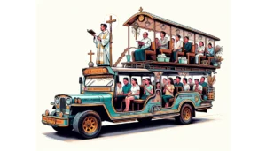 Metro Manila News -- Illustrate a unique Jeepney operated by the Catholic Church, designed for spiritual journeys where passengers can attend Mass, receive baptism, or get11