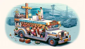 Metro Manila News -- Illustrate a unique Jeepney operated by the Catholic Church, designed for spiritual journeys where passengers can attend Mass, receive baptism, or get12
