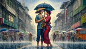 Metro-Manila Photo -- An Asian couple in Manila caught in the rain, portraying a scene where the monsoon season influences a romantic yet humorous situation. The couple is 2