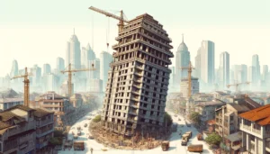 Manila News Photo -- A detailed and creative illustration of an incomplete building in Manila, Philippines, with a noticeable 10-degree tilt, giving the impression that3