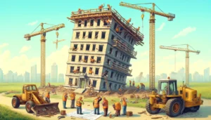 Manila News Photo -- A humorous and detailed illustration of an unfinished building that is already leaning to one side, in a whimsical portrayal of a construction mis2