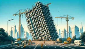 Manila News Photo -- An illustrative depiction of an unfinished building in Manila, Philippines that is already leaning to one side. The image should capture the urban 2