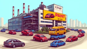 Manila News Photo -- Create a satirical illustration depicting a local car plant in Manila that produces vehicles designed to drive backwards, as a humorous solution to1