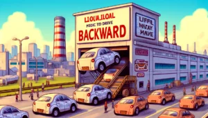 Manila News Photo -- Create a satirical illustration depicting a local car plant in Manila that produces vehicles designed to drive backwards, as a humorous solution to2