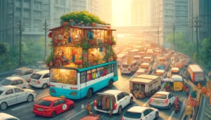 Manila's Solution to Housing Crisis - Illustrate a whimsical and imaginative scene where Manila has found a unique solution to the housing crisis by converting traffic jams into mobile homes (2)
