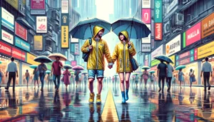 Metro-Manila Photo -- A couple in Manila wearing matching rain gear, showcasing their unity and shared identity. The scene is vibrant and detailed, depicting the couple wal1