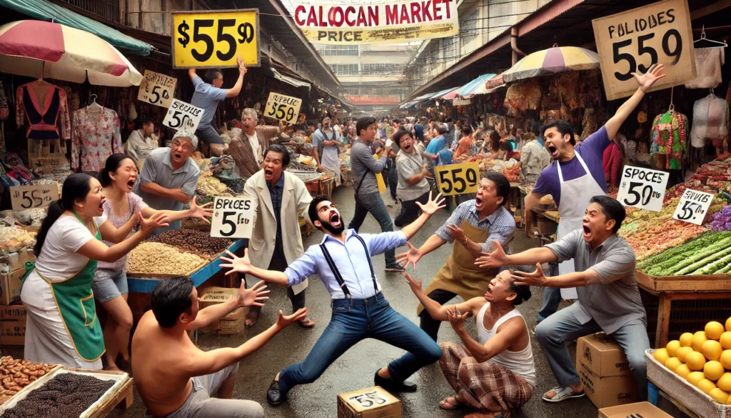 A bustling Caloocan market scene with vendors and shoppers engaging in exaggerated, theatrical price haggling. Vendors are dramatically waving their a