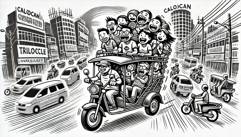 A comical illustration of a tricycle ride in Caloocan. The tricycle is packed with passengers who have expressions of excitement and fear, as if they