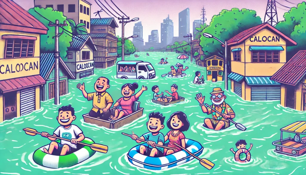 A humorous scene of Caloocan during a flood. Residents are navigating the flooded streets in improvised boats made from everyday items like bathtubs a