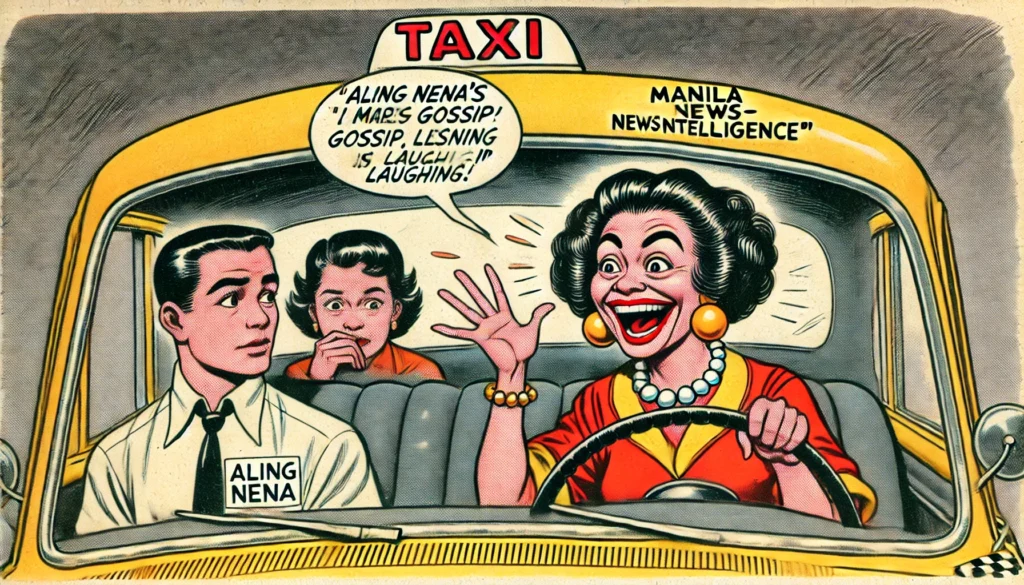 Manila News- A humorous illustration in the satirical style of Mad Magazine. Aling Nena's taxi where she animatedly shares gossip with a young couple in the backse