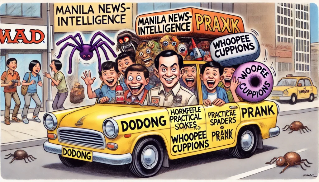 Manila News - A humorous illustration in the satirical style of Mad Magazine. Dodong's taxi filled with harmless practical jokes like fake spiders, whoopee cushions