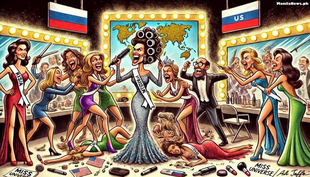 MANILA NEWS - A humorous wide-panel caricature in the style of Bohiney Magazine Victoria Kjær Theilvig, in a sparkling sash and gown, leads a peace treaty negotiation bac... - bohiney.com 4