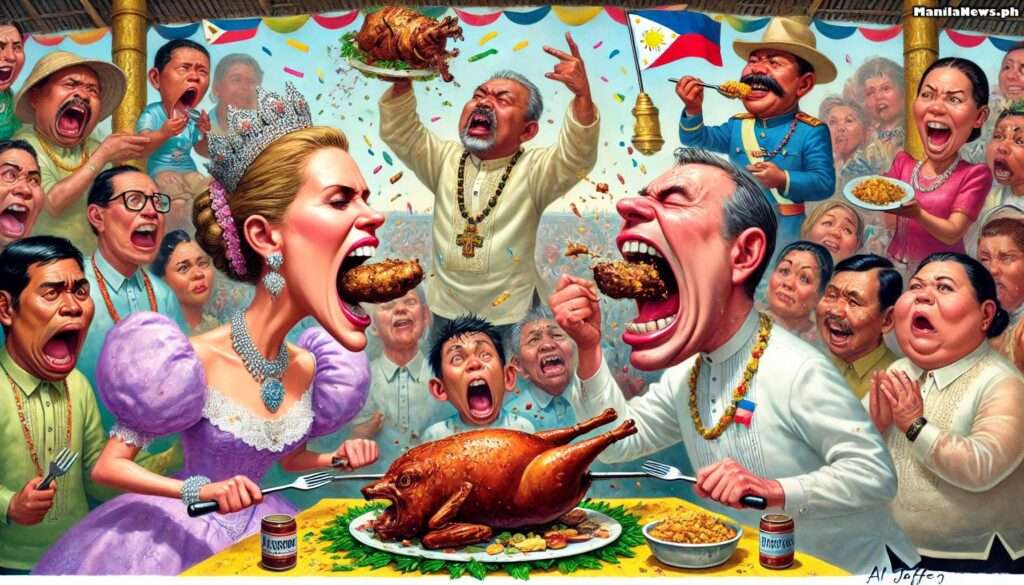 MANILA NEWS - A humorous wide-panel caricature in the style of Bohiney Magazine a Filipino fiesta scene with Victoria Kjær Theilvig, dressed in royal Danish attire, facin... - bohiney.com 6