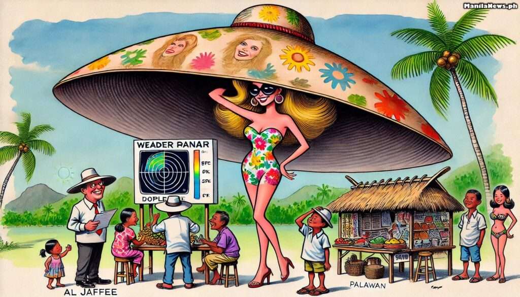 MANILA NEWS - A humorous wide-panel caricature in the style of Bohiney Magazine a blonde supermodel wearing an enormous sunhat so wide it casts a shadow over an entire tr... - bohiney.com 2