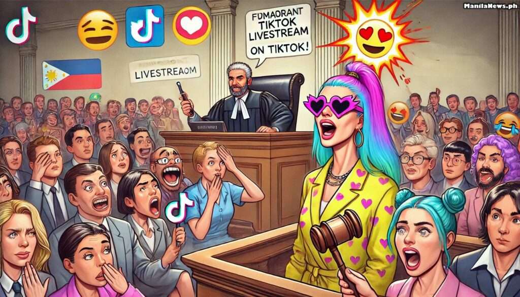 MANILA NEWS - A humorous, wide-panel caricature in the style of Bohiney Magazine a fictional courtroom livestreamed on TikTok. Victoria Kjær Theilvig stands confidently a... - bohiney.com 5