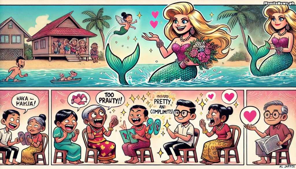 MANILA NEWS - A humorous wide-panel caricature in the style of Bohiney Magazine a glamorous blonde woman named Victoria, portrayed as a Danish mermaid, swims gracefully p... - bohiney.com 3