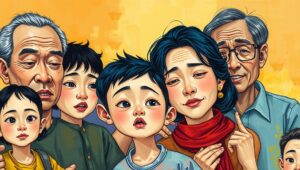Bohiney Magazine - Middle-aged parent and adult child having serious heart-to-heart conversation about trust, pride, and emotional support in family dysfunction comedy scenario...