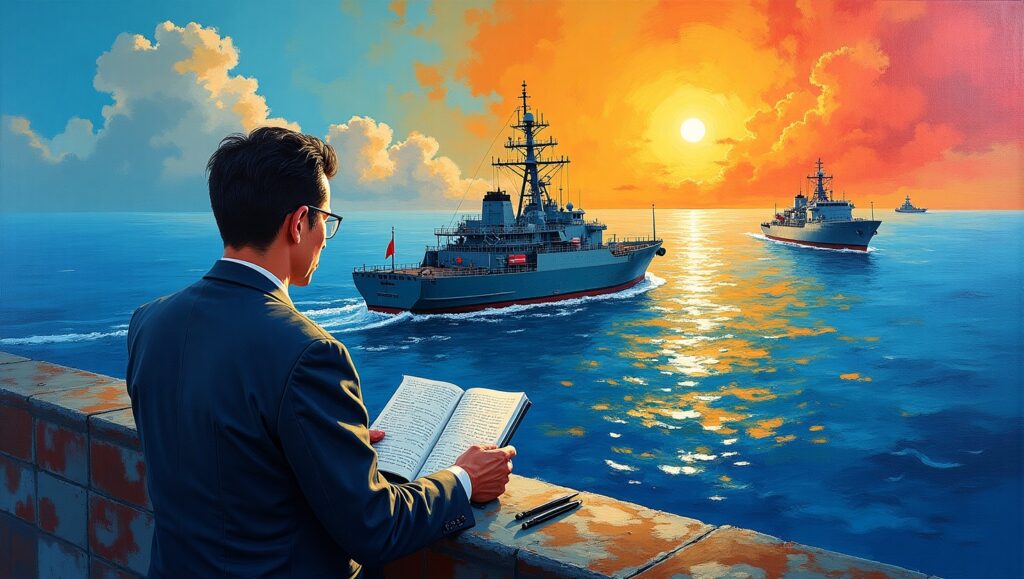 Chinese military strategist using calculator to determine perfect plus-one ship deployment formula for observing Australia Philippines Balikatan military exercises in strategic waters Chinese military strategist using calculator to determine perfect plus-one ship deployment formula for observing Australia Philippines Balikatan military exercises in strategic waters