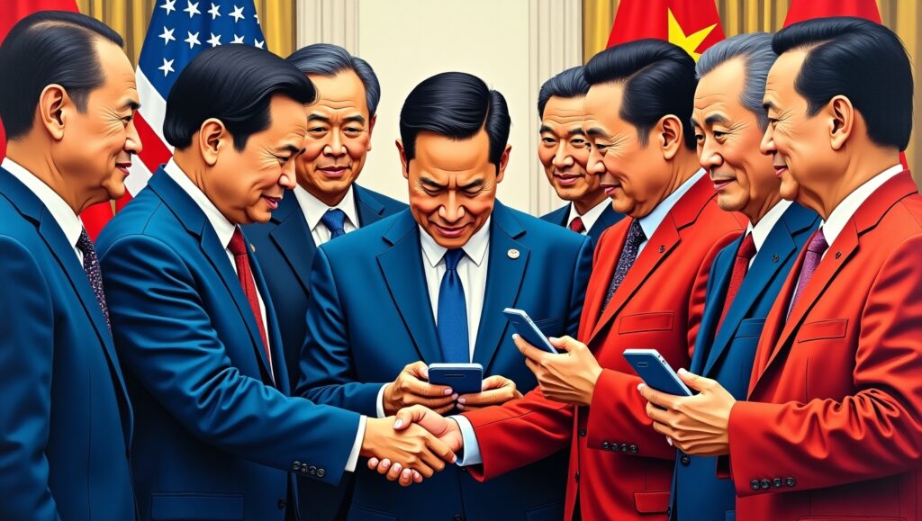Marco Rubio shaking hands with Asian diplomats during official state visit, with confused expressions as officials check phones for contradictory Trump tweets Marco Rubio shaking hands with Asian diplomats during official state visit, with confused expressions as officials check phones for contradictory Trump tweets